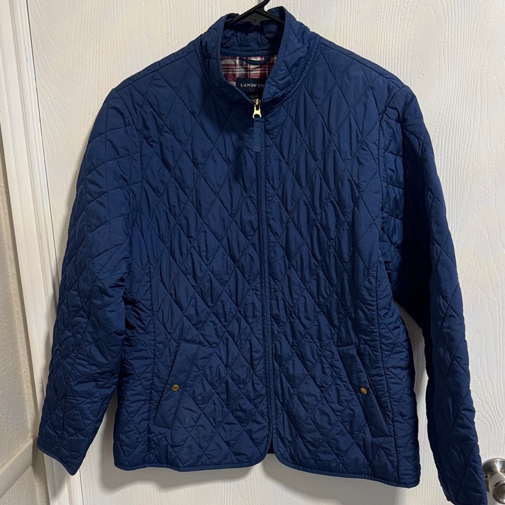 Land’s End Quilted Barn Jacket‎ Women’s Large Petite 14/16 Navy Blue Full Zip